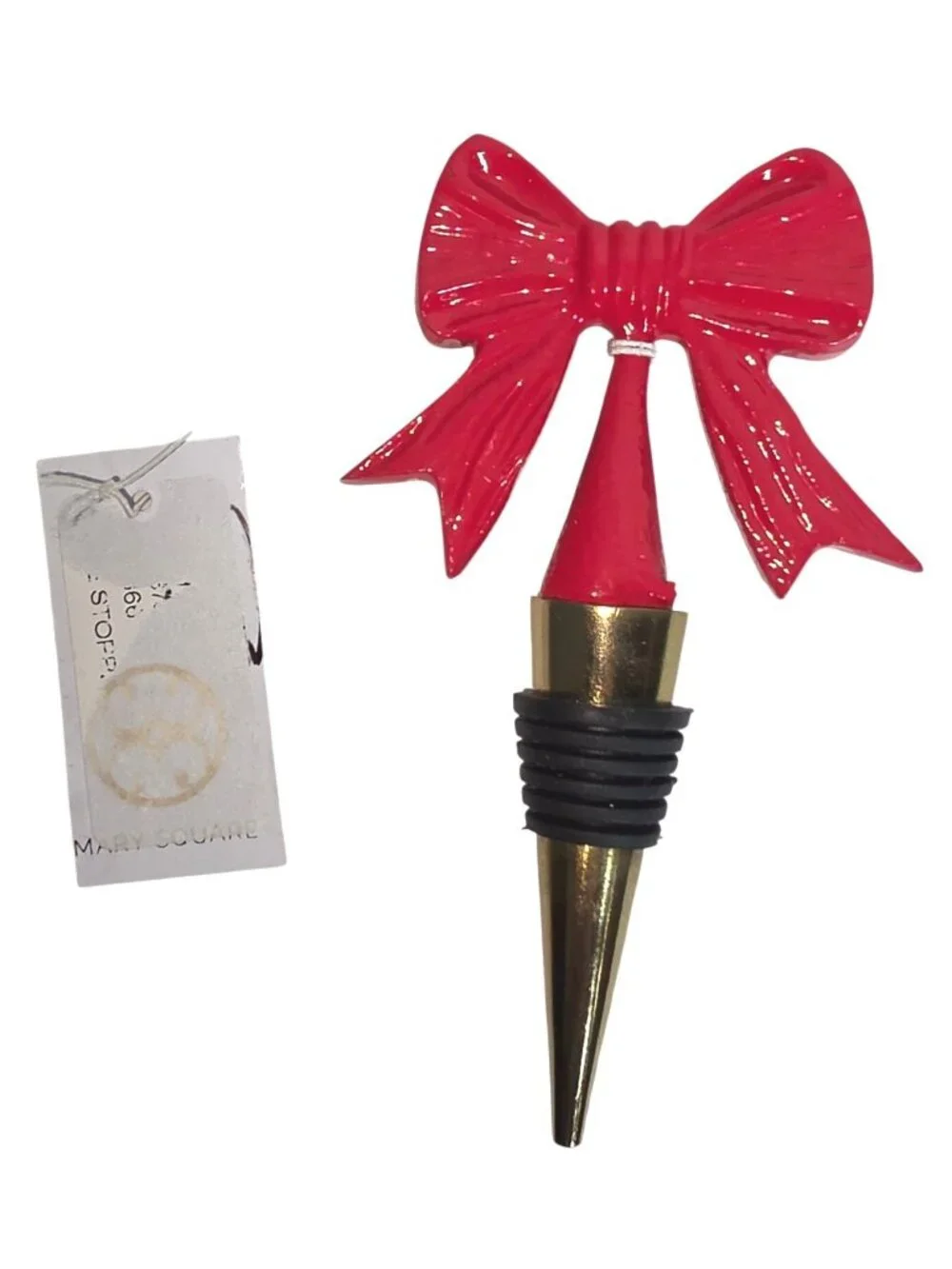 New Mary Square Red Bow Wine Bottle Stopper Metal Gold Bottom Christmas Festive